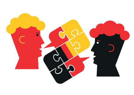 German language lesson dialog, male heads symbol. Two students and Puzzle bubble talk with a German flag symbolizing German conversation. Isolated on white background. Vector available.のイラスト素材