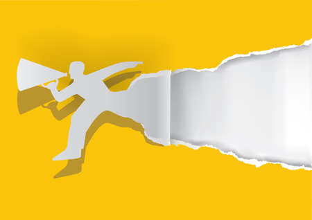 Running Man with megaphone tearing yellow paper. Illustration of torn paper male silhouette. Template for banner, place for your text or image. Vector available.のイラスト素材
