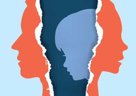Divorced parents and sad child. Torn paper with man, woman and child stylized silhouettes...