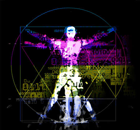 Vitruvian man with binary codes on CMYK color stripes background. Futuristic expressive Illustration of vitruvian man with a binary codes symbolized digital age. Concept graphic dの写真素材