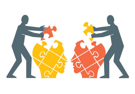Two men, Mutual understanding and dialogue, puzzle concept. Illustration of assembling a puzzle of dialogue partner's head. Psychology of relationship concept. Vector available.のイラスト素材