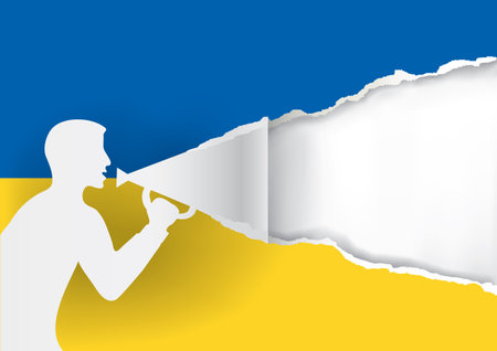Torn paper man with megaphone and paper with Ukrainian flag colors. Expressive Banner template. Place for your text or image. Vector available.のイラスト素材