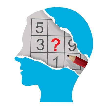Torn paper Male head with sudoku and Pencil. Stylized male head silhouette of sudoku player. Vector available.のイラスト素材