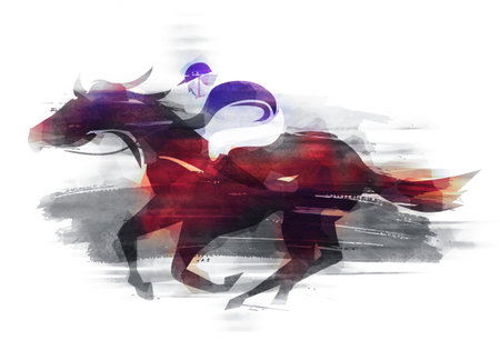 Race Horse, jockey running action. Eexpressive Illustration of Jockey on horse at Full Speed. Imitation of watercolor painting.の写真素材