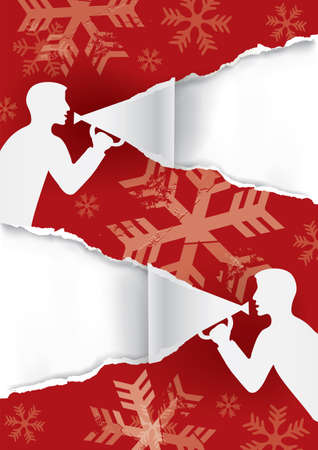 Two Men with megaphone tearing red paper, Christmas banner template. Paper background with grunge stylized snowflakes and stylized male silhouettes. Template for original advertisementのイラスト素材