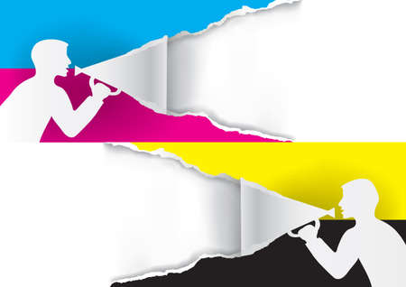 Two Men with megaphone tearing paper with CMYK colors, promotion background. Illustration of paper background with stylized male silhouettes. Concept for presenting color printing.のイラスト素材