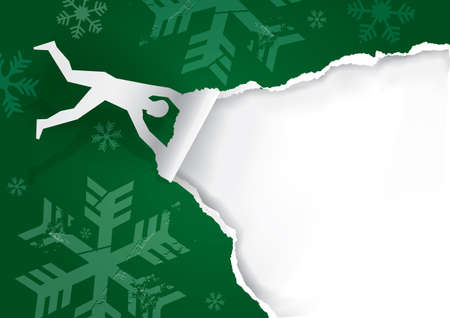 Flying man, tearing paper, funny torn paper Christmas banner template. Paper male silhouette ripping green christmas paper background with grunge stylized snowflakes. Unwrappingのイラスト素材