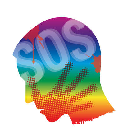 Young man homosexual, victim of violence, rainbow colored, SOS sign. Stylized male silhouette with hand print after hand slap. Vector available.のイラスト素材