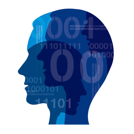 Men with binary codes, computer experts. Blue Illustration of stylized Male heads silhouettes of young men, programmers. Isolated on white background. Vector availableのイラスト素材