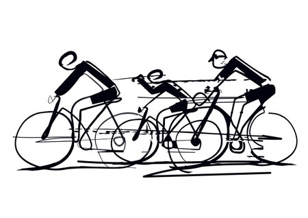 Cycling race line art stylized. Black and white Illustration of three cyclists. Continuous line drawing design. Vector available.のイラスト素材