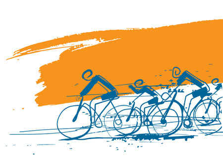 Mountain bike cyclists, linear art, expressive banner background. Colorful backdrop with cyclists on brush strokes. Banner template. Continuous line drawing design. Vector available.のイラスト素材