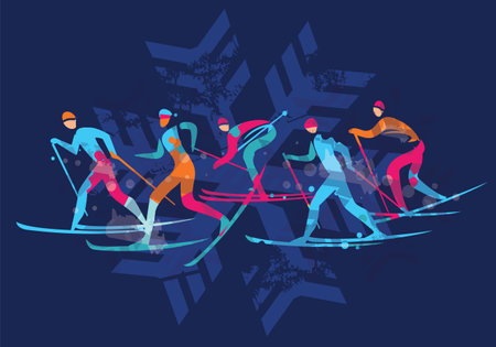 Cross Country Skiers.
A stylized drawing of cross-country ski competitors on snowflake background. Vector available.のイラスト素材