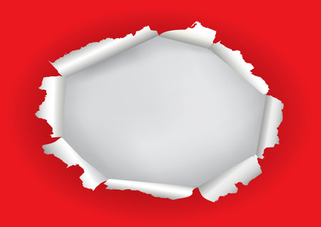 Red ripped Paper, oval hole, banner template. Illustration of red torn paper with white place for your image or text. Vector available.のイラスト素材