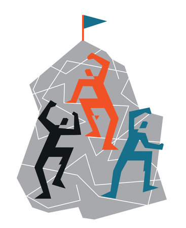 Three climbers on a rock wall. Geometric stylized Illustration of outdoor mountain activity. Isolated on white background. Vector available.のイラスト素材