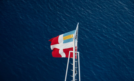 Flag of the Republic of North Macedonia on the mast of a cruise shipの写真素材