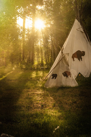 Golden sunlight streams through the trees, casting warm rays over traditional teepees decorated with...