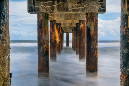 Beneath a Florida pier, the sunrise illuminates rusted steel and flowing surf in a serene moment of contrast between decay and renewal. The image captures a sense of endurance, balance, and quiet motion.の写真素材