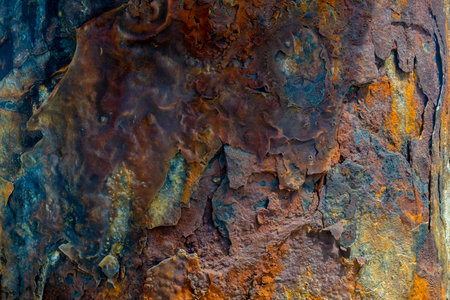 A macro photograph of a rusted steel piling beneath a coastal pier on Floridaâs Atlantic shore. Layers of oxidation, salt, and marine exposure form a vibrant, organic abstract that resembles an alien landscape.の写真素材