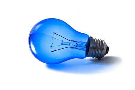 Bright blue light bulb, brightness without plug, isolated on white backgroundの写真素材