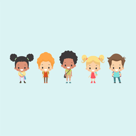 Illustration of a diverse group of kids wearing school bags ready to go to school