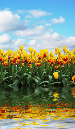 tulips in a field against cloudy skyの写真素材