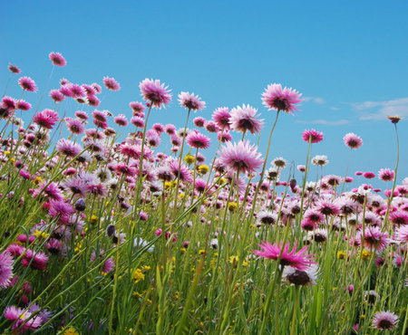      pink flowers in a field against white background                               の写真素材