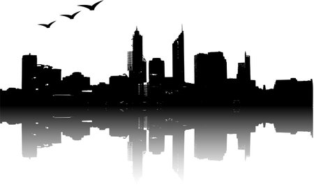 Panorama of city with reflection. Vector art.のイラスト素材