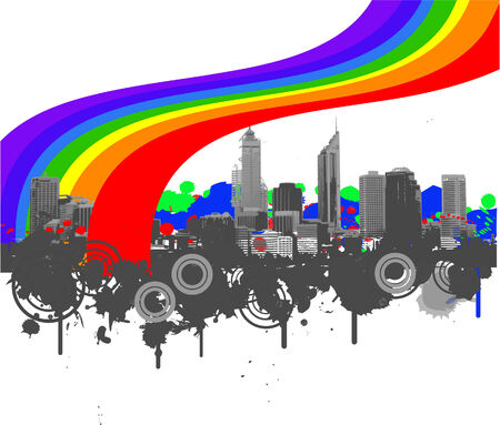 City with colorful rainbow- Vector illustrationのイラスト素材