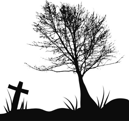 a tree and tombstone in a cemeteryのイラスト素材