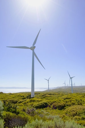 windmills in a farm with sunlightの写真素材