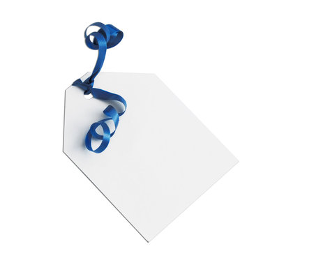 a gift tag with blue ribbonの写真素材