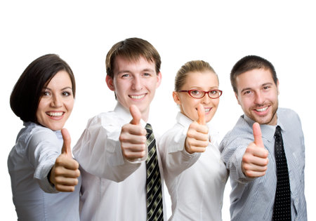 Successful business team with thumbs up - isolated over a white background 
