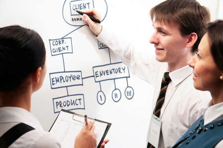 Group of business people working with a graphics on the white boardの写真素材