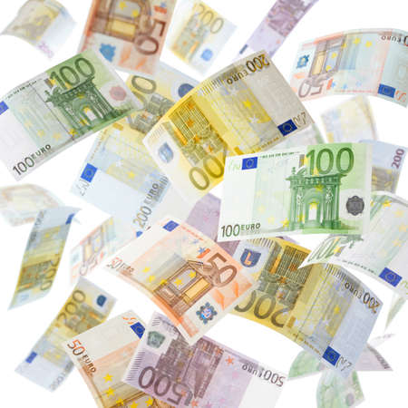 Many flying Euro currency paper money in the air の写真素材