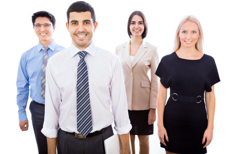 Happy smiling business team standing in a row