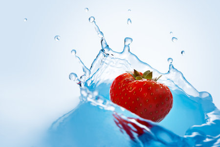 Strawberry falls deeply under water with a splashの写真素材