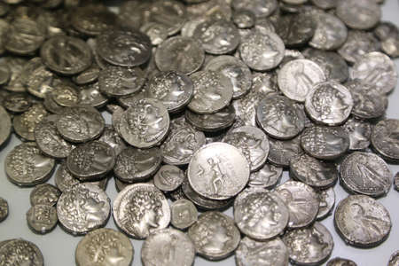 Lot of antique Roman coins. Background and textureの写真素材