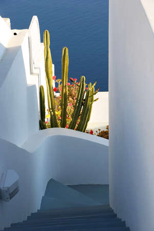 Santorini Greece. White town on the rocks by the sea.の写真素材