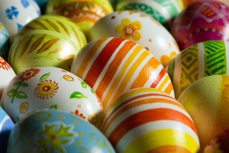 Easter eggs handmade illuminated by bright sunlight