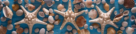 Beautiful background of sea shells and starfish on a blue background. Horizontal panorama
