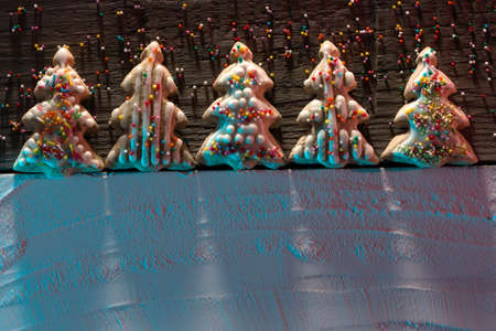 ? hristmas card with? hristmas tree cookies and place for textの写真素材