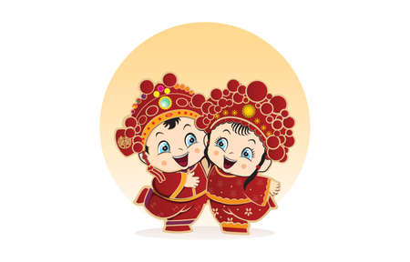 Chinese wedding couple, Chinese wedding cartoon, Traditional Chinese Wedding,Chinese bride and groom cartoon wedding in traditional red dress holding hands and greeting for chinese new year collectionのイラスト素材
