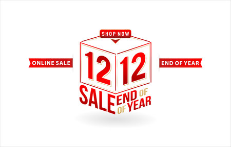 12.12 sale, 12.12 online sale, End Of Year Sale, Cube model number sign red ribbon with isolated background, online shop sign, for poster, flyer, social media banner, label promotion store, web bannerのイラスト素材