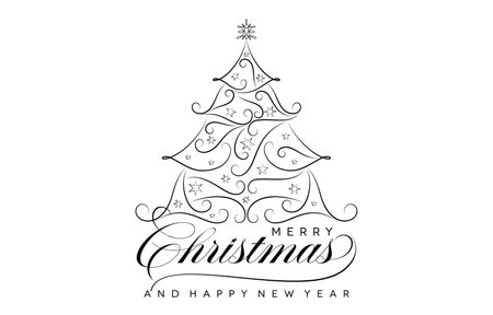 Merry Christmas & Happy new year monochrome design, Monoline Merry christmas Tree ornament, hand drawn lettering font for greeting cards, banner, flyer, screen printing with minimalist template designのイラスト素材