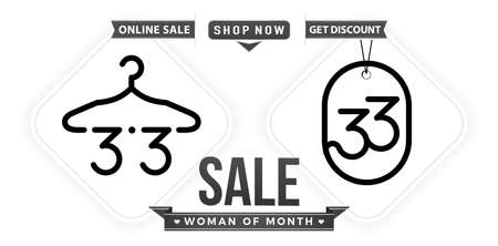 Hanger and Tag 3.3 sale, 3.3 Online sale, Woman of month Sale monochrome with isolated white backgrounds for poster or flyer design, social media banner, shopping online web banner online shopのイラスト素材