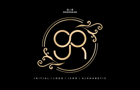 GR monogram infinity model with floral ornament, initial letter and graphic name with golds colors isolated black backgrounds, for insignia, initial letter graphic name, couple name letterpress.のイラスト素材