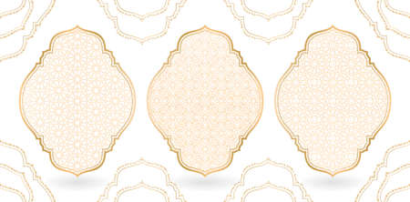 Islamic pattern with frame and golden line, isolated white background. three patterns design variation style, applicable for banner, poster, flyer, greeting cards, invitation for Islamic celebration.のイラスト素材