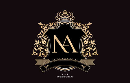 NA initial letter with crown and ornament pattern illustration, graphic name Frames and Border of floral designs, applicable for NA Monogram, for insignia, wedding couple name, badge label premium.のイラスト素材