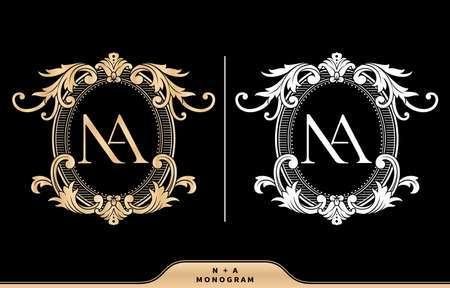 Coat of arms with NA initial letter. Graphic name Frames and Border ellipse ornament of floral designs, applicable for NA Monogram, for insignia, wedding couple name, badge label, and royal emblem.のイラスト素材