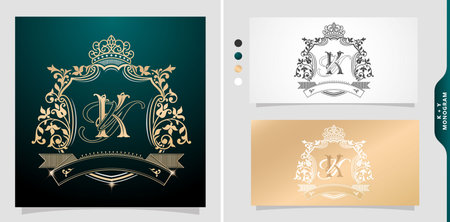 set of labels with elements a initial  letter ky or yk. graphic name title. Frame Border of floral designs with variation colors, KY or YK Monogram, for insignia, label, wedding invitation, name card.のイラスト素材